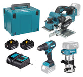 Makita DLX3193TJ 4 Piece Brushless Combo Kit DHP490 Combi Drill, DRT50 Router/Trimmer DKP181 Planer, 2 x 5Ah Bateries &