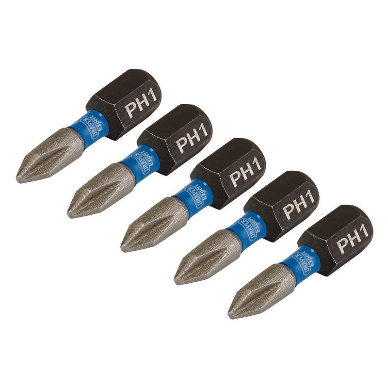 Draper Expert Cross Slot/PH Type Impact Screwdriver Bits, No.1 x 25mm, 1/4" Hex (Pack of 5) Main Image