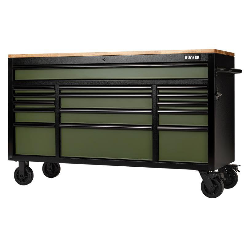 BUNKER 15 Drawer Workbench Roller Tool Cabinet, 61", Green Main Image