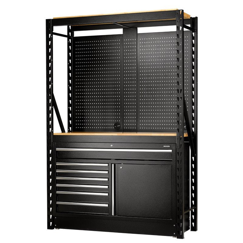 BUNKER 14 Piece Modular Storage Combo 2 Tier Racking with Hardwood Shelving, Pegboards and Floor Cabinet, 1500mm Main Image