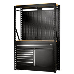 BUNKER 14 Piece Modular Storage Combo 2 Tier Racking with Hardwood Shelving, Pegboards and Floor Cabinet, 1500mm Main Image