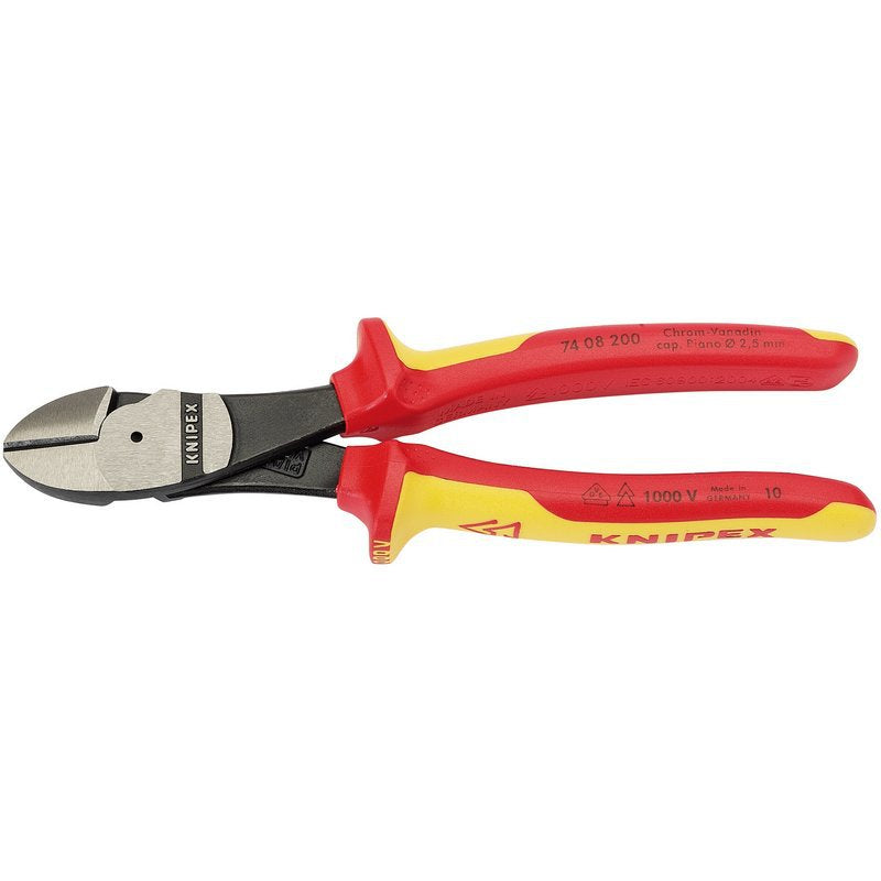 KNIPEX 74 08 200UKSBE VDE Fully Insulated High Leverage Diagonal Side Cutters, 200mm Main Image