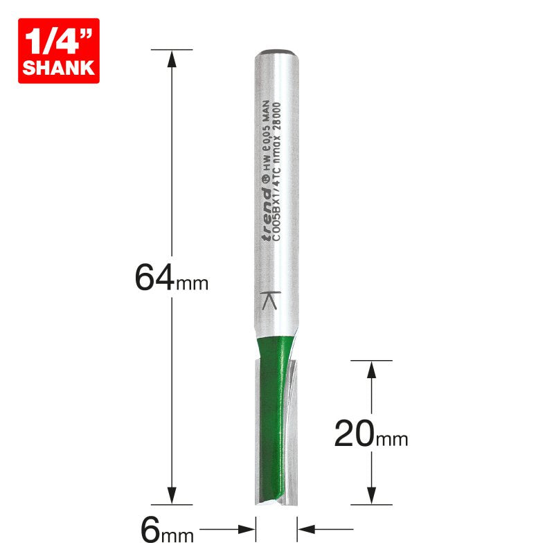 TREND C005BX1/4TC TWO FLUTE 6.0MM DIA X 20MM CUT      Main Image