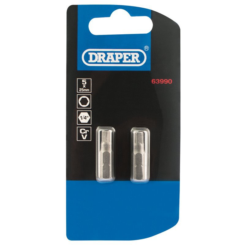 Hexagonal Insert Bit, 5mm, 1/4" Hex, 25mm Long (Pack of 2) Main Image