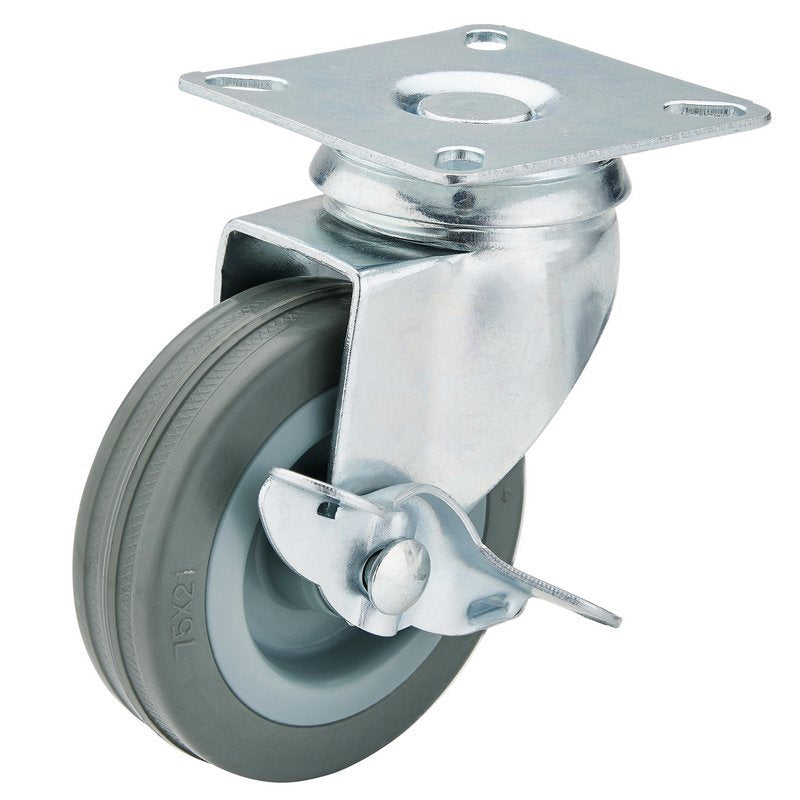 Swivel Plate Fixing Rubber Castor with Brake, 75mm Diameter, S.W.L. 70kg Main Image