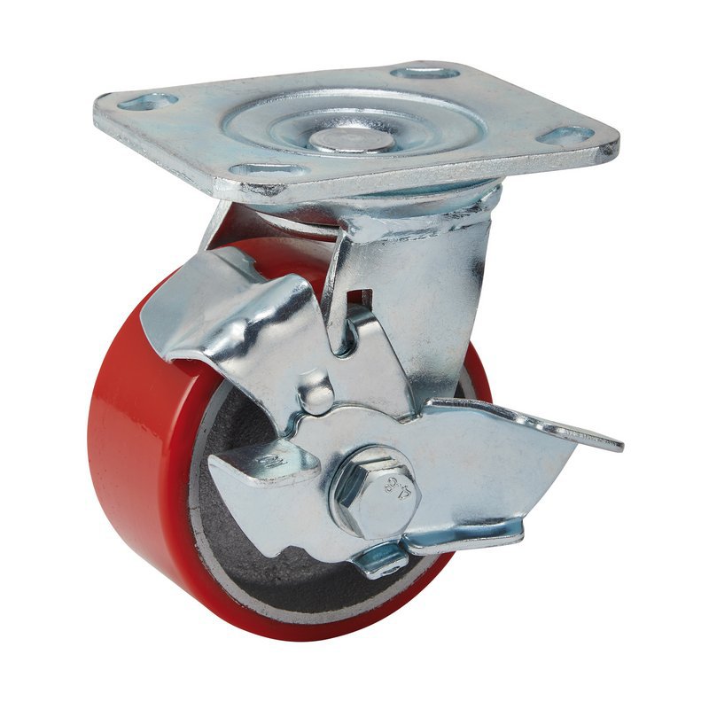 Swivel Plate Fixing Heavy Duty Polyurethane Wheel with Brake, 100mm Diameter, S.W.L. 250kg Main Image