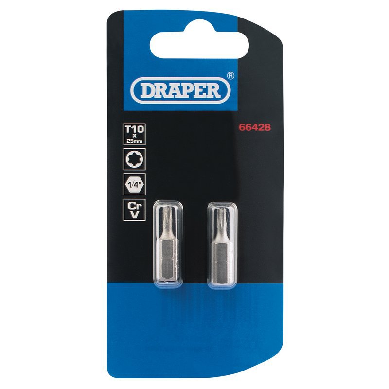 Draper TX-STAR Insert Bit, 1/4" Hex, 25mm Long, T10 (Pack of 2) Main Image