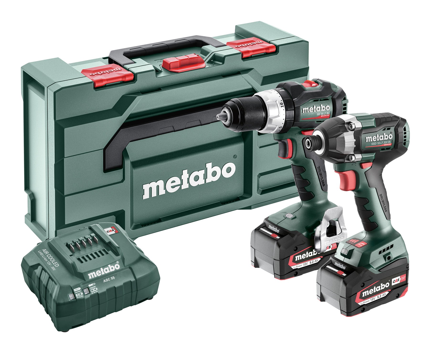 Metabo Combo Set 2.8.8 18V SB 18 LT BL, SSD 18 LT 200 BL c/w 2 x 5.2Ah Batteries, ASC 55 & metaBOX