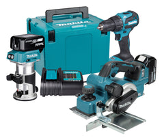 Makita DLX3193TJ 4 Piece Brushless Combo Kit DHP490 Combi Drill, DRT50 Router/Trimmer DKP181 Planer, 2 x 5Ah Bateries &