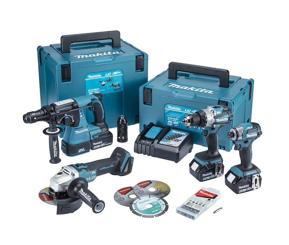 Makita DLX4195JX1 18V LXT Cordless 4 Piece Tool Kit with 3 x 5Ah Batteries, Charger & Case