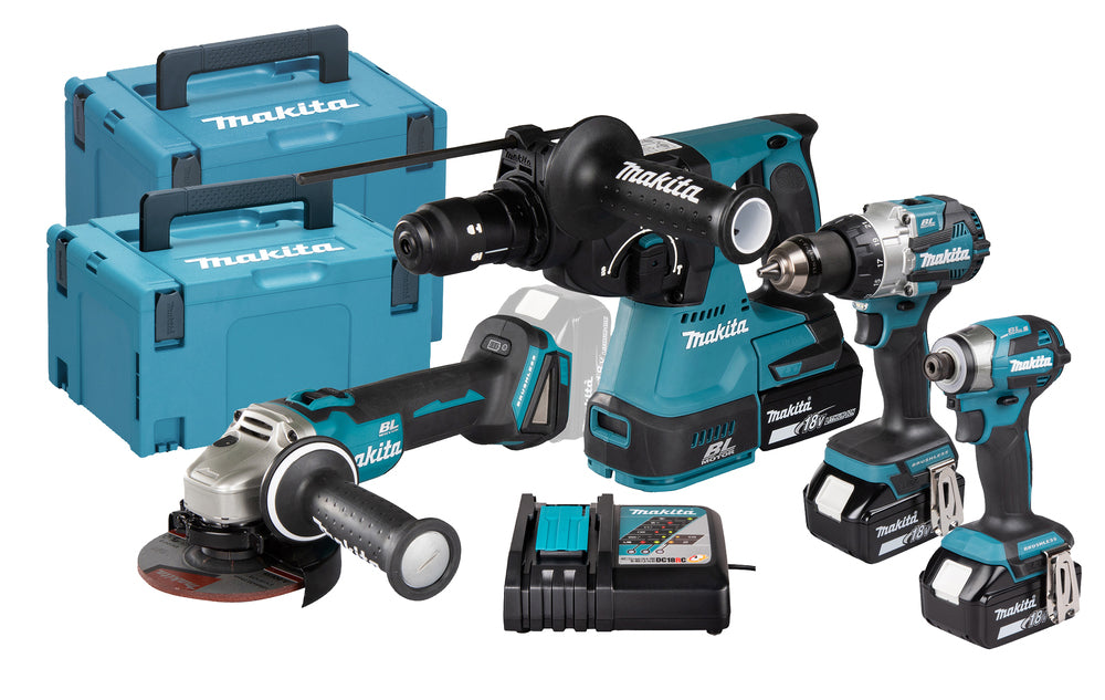Makita DLX4195JX1 18V LXT Cordless 4 Piece Tool Kit with 3 x 5Ah Batteries, Charger & Case