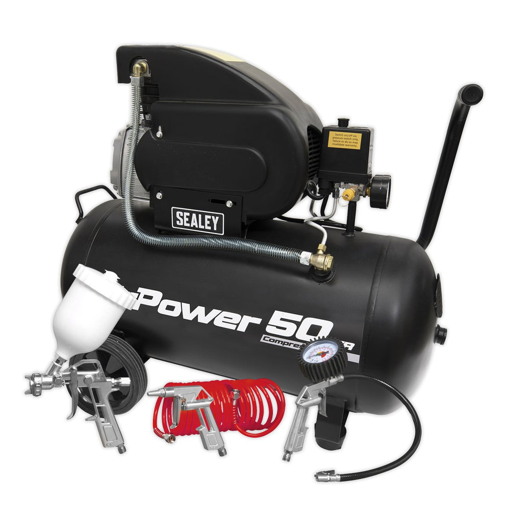 Sealey Compressor 50ltr Direct Drive 2hp with 4pc Air Accessory Kit Main Image