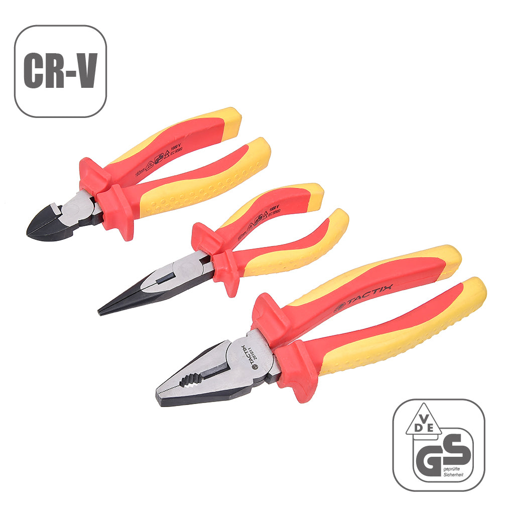 Tactix Vde 3 Piece Insulated Pliers Set 1000V Diagonal Long Nose Combination Main Image