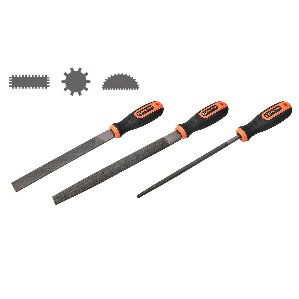Tactix 200mm 3 Piece Steel File Set Flat - Round - Half Round With Handle Main Image