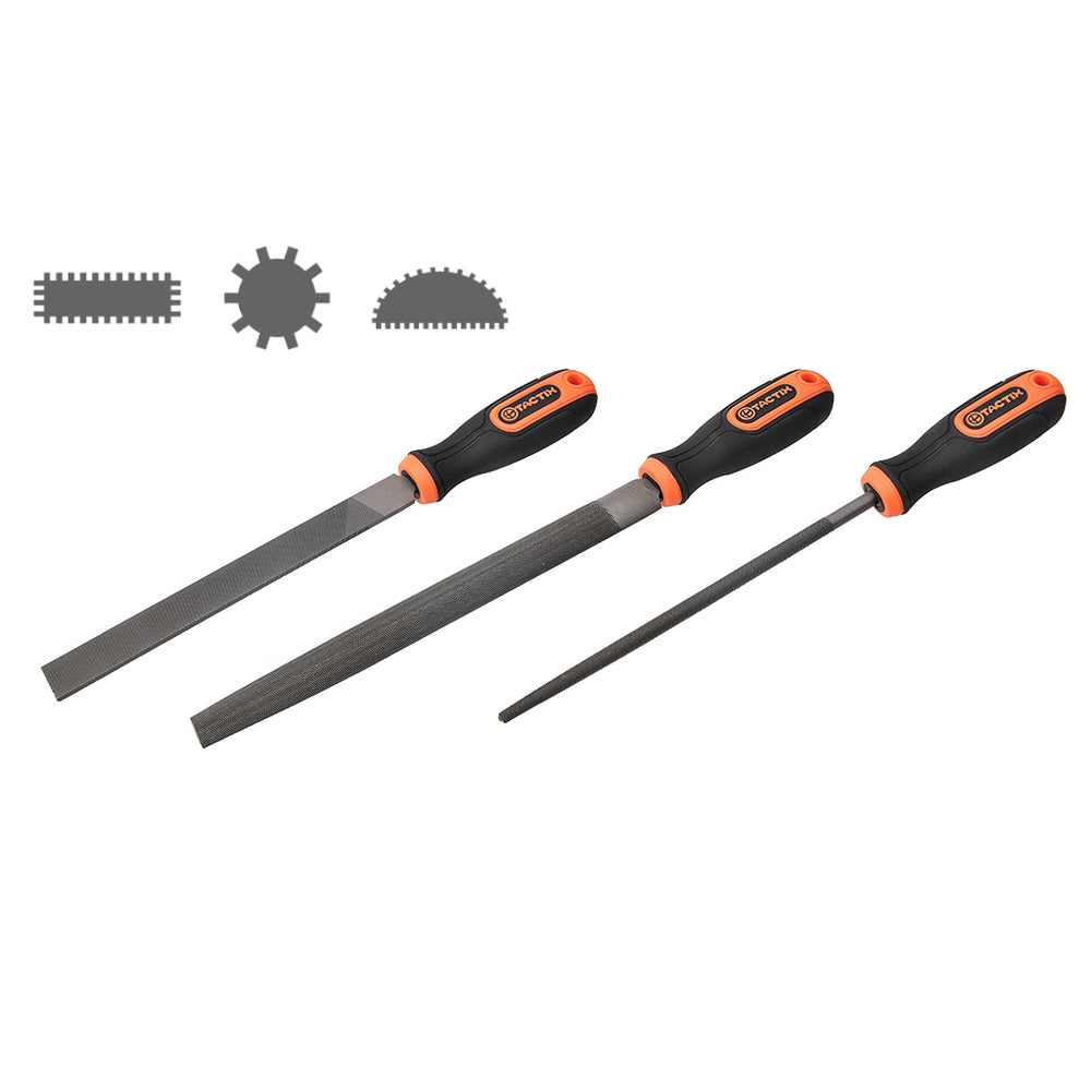 Tactix 200mm 3 Piece Steel File Set Flat - Round - Half Round With Handle Main Image