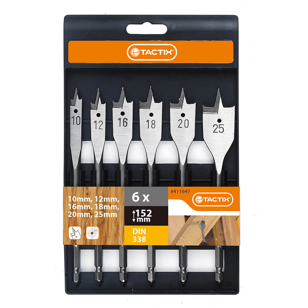 Tactix 6 Piece Flat Wood Spade Bit Set 10.0 12.0 16.0 18.0 20.0 25.0 Main Image