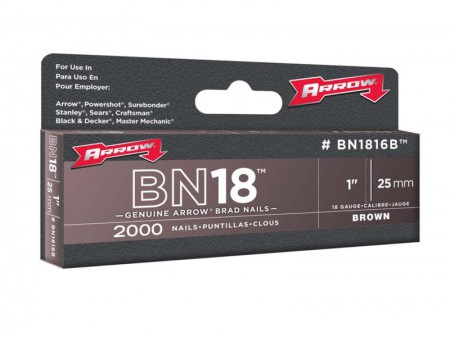Arrow BN1816B Head Brad/ Nails 25mm Brown Pack 2000
