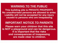 Building Site Warning To Public And Parents - PVC 600 x 400mm